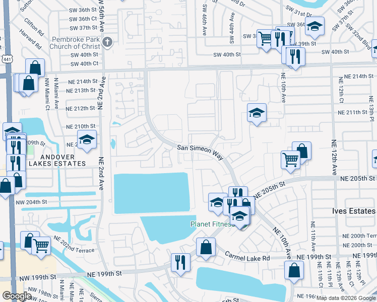 map of restaurants, bars, coffee shops, grocery stores, and more near 20890 San Simeon Way in Miami