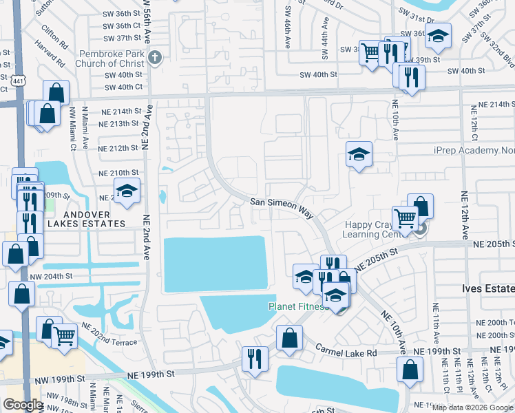 map of restaurants, bars, coffee shops, grocery stores, and more near 20890 San Simeon Way in Miami