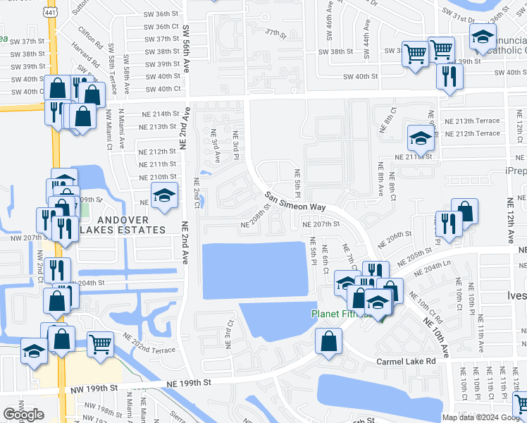 map of restaurants, bars, coffee shops, grocery stores, and more near 20760 Northeast 4th Court in Miami