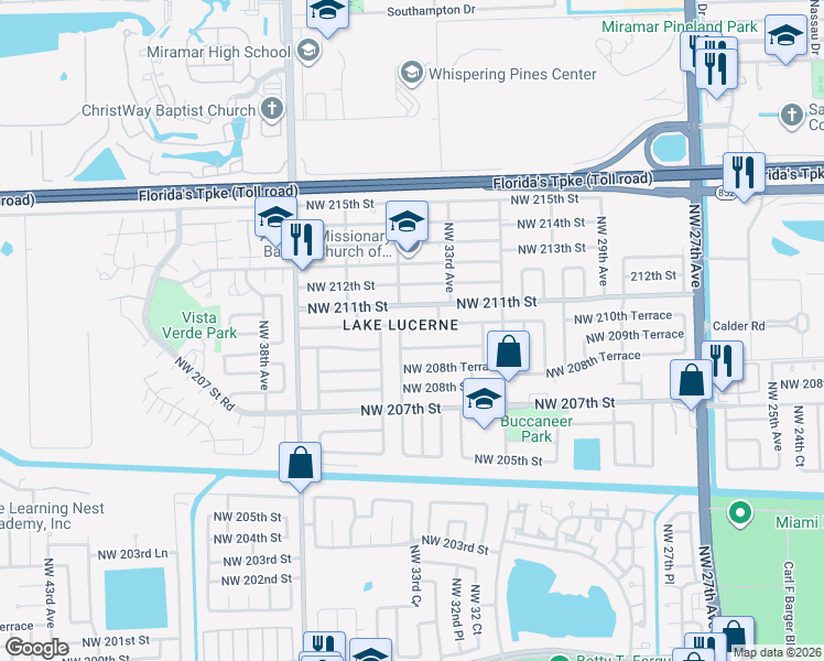 map of restaurants, bars, coffee shops, grocery stores, and more near 3331 Northwest 209th Terrace in Miami Gardens