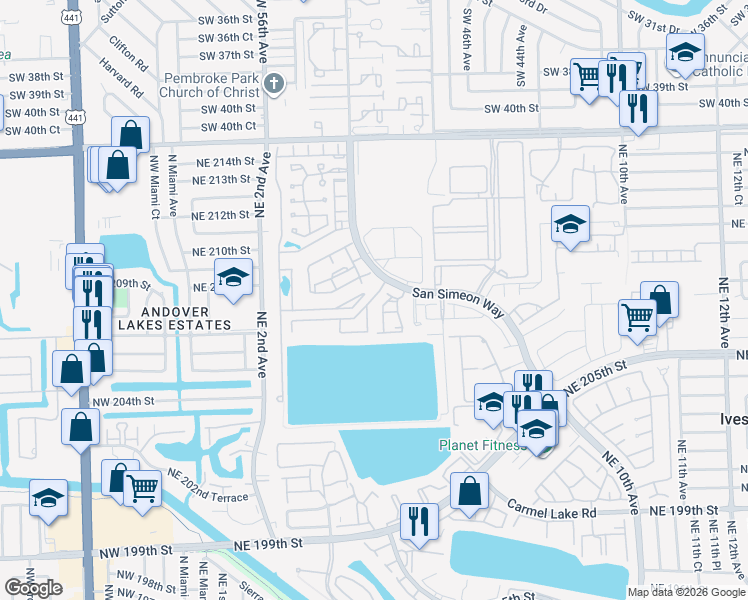 map of restaurants, bars, coffee shops, grocery stores, and more near 20760 Northeast 4th Court in Miami