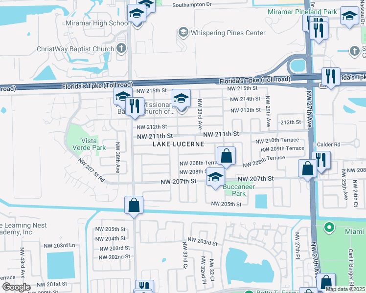 map of restaurants, bars, coffee shops, grocery stores, and more near 3331 Northwest 209th Terrace in Miami Gardens
