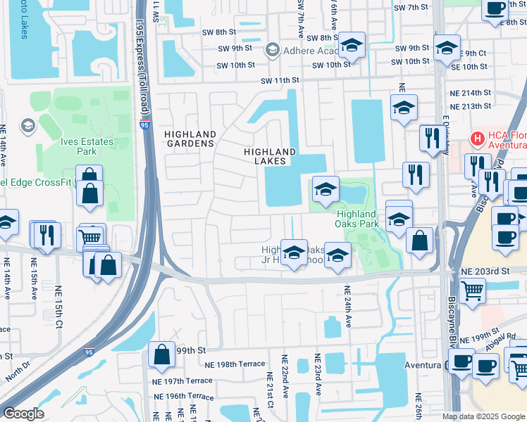 map of restaurants, bars, coffee shops, grocery stores, and more near 2160 Northeast 207th Street in Miami