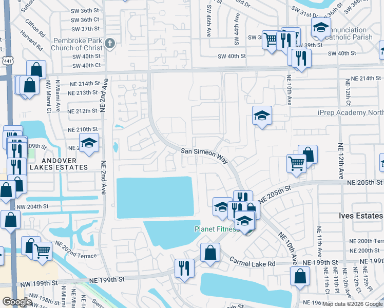 map of restaurants, bars, coffee shops, grocery stores, and more near 20890 San Simeon Way in Miami