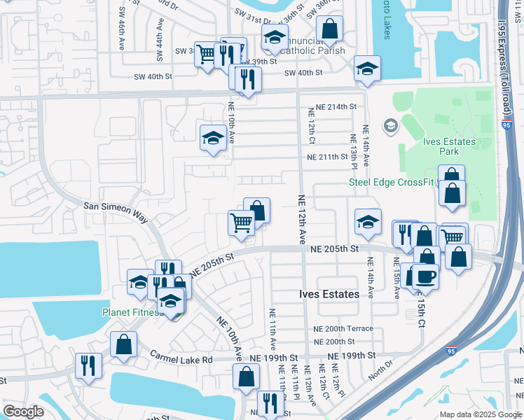 map of restaurants, bars, coffee shops, grocery stores, and more near 1044 Northeast 207th Terrace in Miami