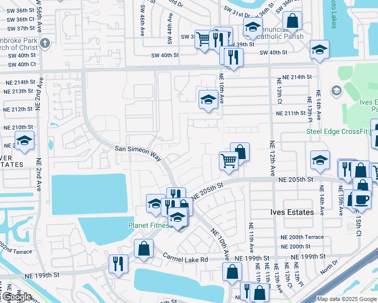 map of restaurants, bars, coffee shops, grocery stores, and more near 20701 Northeast 8th Court in Miami