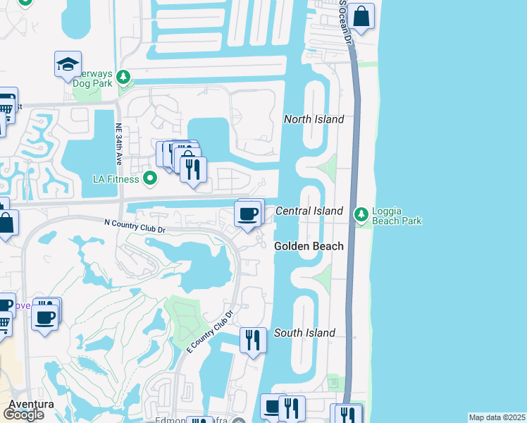 map of restaurants, bars, coffee shops, grocery stores, and more near 20515 East Country Club Drive in Aventura
