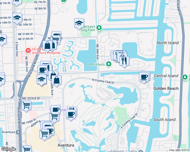 map of restaurants, bars, coffee shops, grocery stores, and more near 3375 North Country Club Drive in Miami