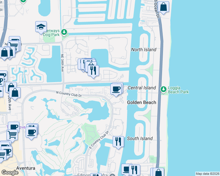 map of restaurants, bars, coffee shops, grocery stores, and more near 3701 North Country Club Drive in Aventura