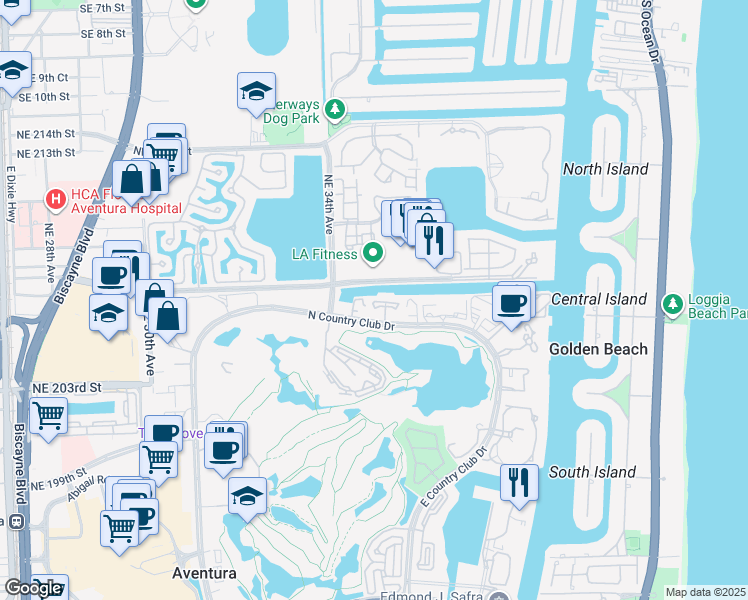 map of restaurants, bars, coffee shops, grocery stores, and more near 3475 North Country Club Drive in Aventura