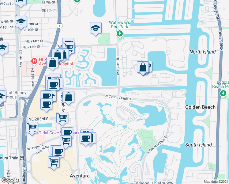 map of restaurants, bars, coffee shops, grocery stores, and more near 3375 North Country Club Drive in Miami