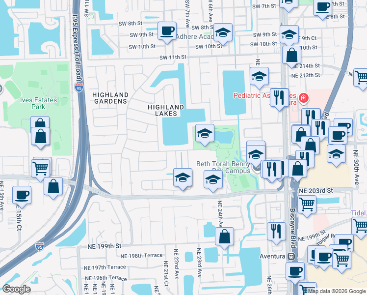 map of restaurants, bars, coffee shops, grocery stores, and more near 20625 Northeast 22nd Court in Miami