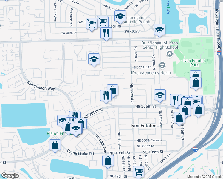 map of restaurants, bars, coffee shops, grocery stores, and more near 1044 Northeast 207th Terrace in Miami