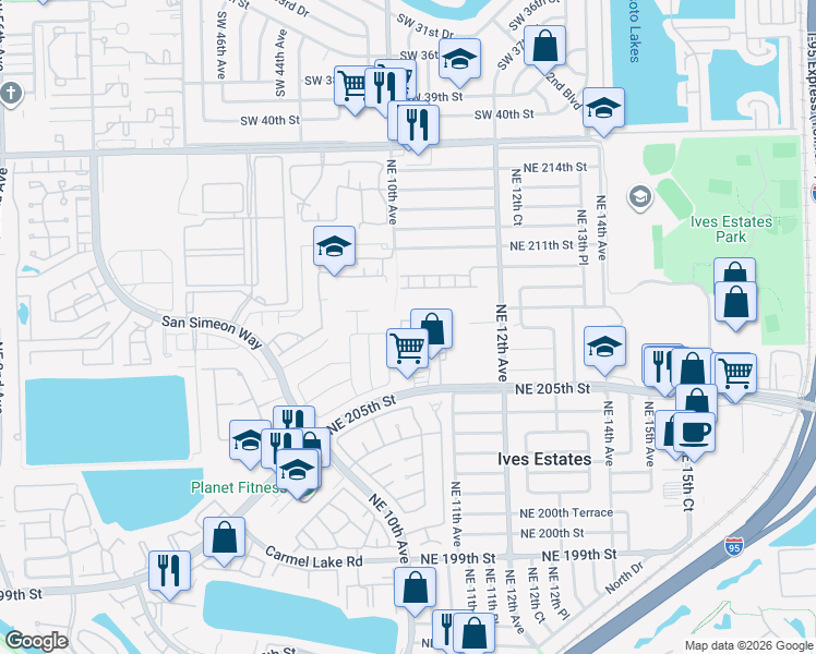map of restaurants, bars, coffee shops, grocery stores, and more near 20637 Northeast 9th Place in Miami