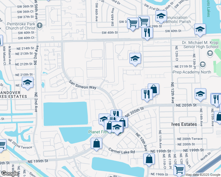 map of restaurants, bars, coffee shops, grocery stores, and more near 821 Northeast 207th Lane in North Miami Beach