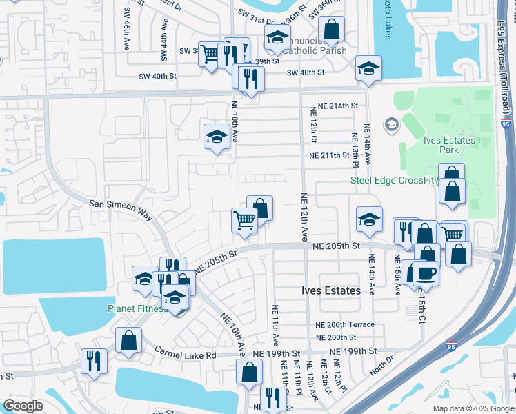 map of restaurants, bars, coffee shops, grocery stores, and more near 1044 Northeast 207th Terrace in Miami