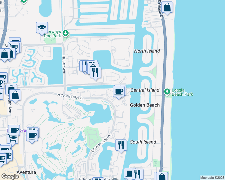 map of restaurants, bars, coffee shops, grocery stores, and more near 3701 North Country Club Drive in Aventura