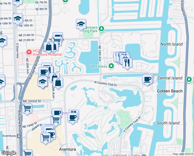 map of restaurants, bars, coffee shops, grocery stores, and more near 3375 North Country Club Drive in Miami