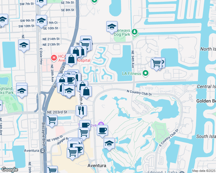 map of restaurants, bars, coffee shops, grocery stores, and more near 3101 North Country Club Drive in Aventura