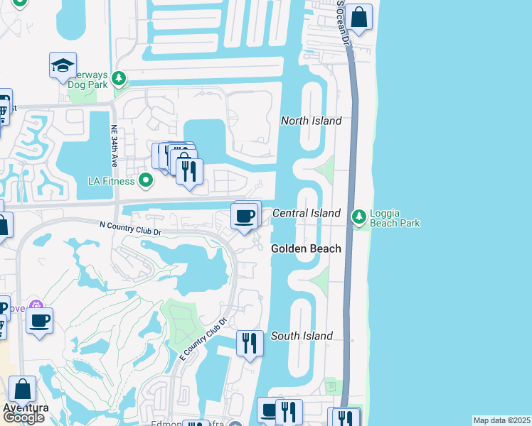 map of restaurants, bars, coffee shops, grocery stores, and more near 20515 East Country Club Drive in Aventura