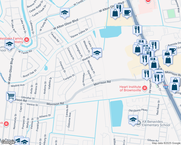 map of restaurants, bars, coffee shops, grocery stores, and more near Beacon Court in Brownsville