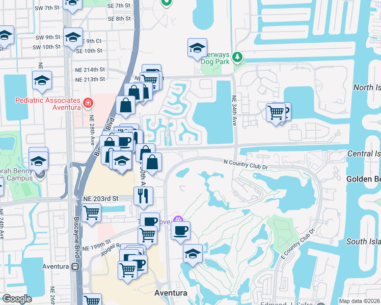 map of restaurants, bars, coffee shops, grocery stores, and more near 3101 North Country Club Drive in Aventura