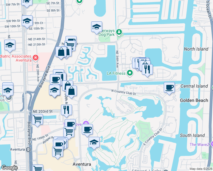 map of restaurants, bars, coffee shops, grocery stores, and more near 3301 North Country Club Drive in Miami