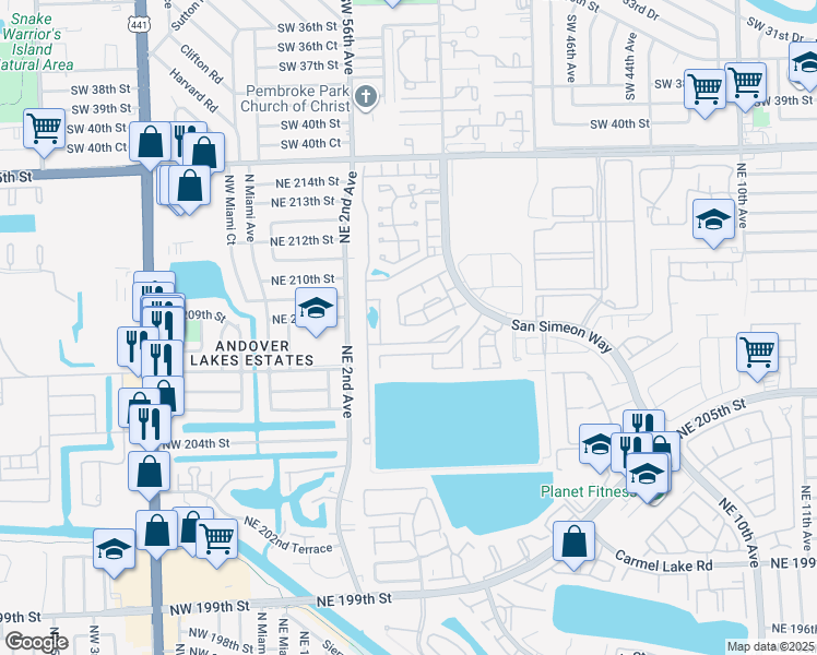 map of restaurants, bars, coffee shops, grocery stores, and more near 308 Northeast 208th Terrace in North Miami Beach