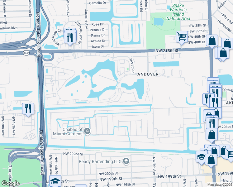 map of restaurants, bars, coffee shops, grocery stores, and more near 20861 Northwest 209th Court in Miami Gardens