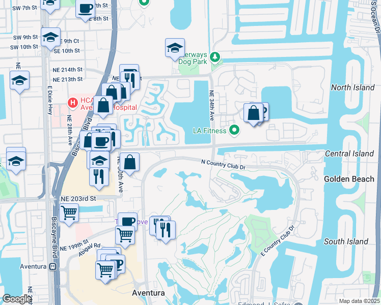 map of restaurants, bars, coffee shops, grocery stores, and more near 3301 North Country Club Drive in Miami