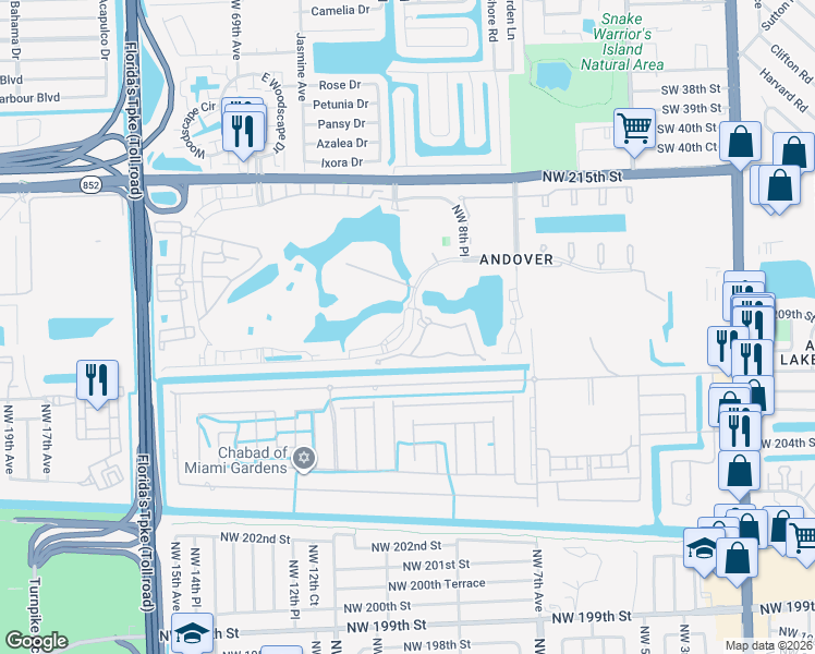 map of restaurants, bars, coffee shops, grocery stores, and more near 20861 Northwest 209th Court in Miami Gardens