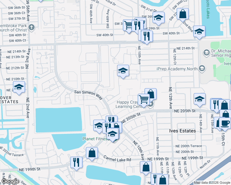 map of restaurants, bars, coffee shops, grocery stores, and more near 20701 Northeast 8th Court in Miami