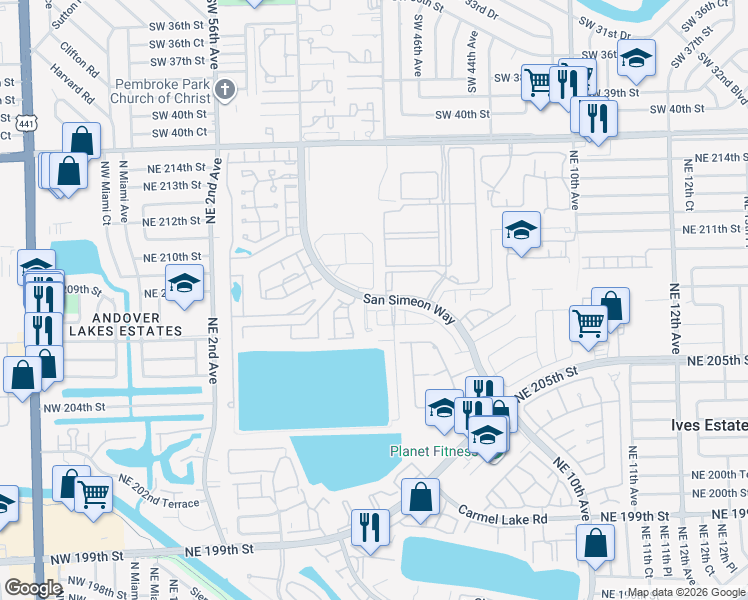 map of restaurants, bars, coffee shops, grocery stores, and more near 20890 San Simeon Way in Miami