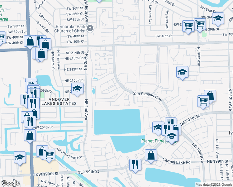 map of restaurants, bars, coffee shops, grocery stores, and more near 368 Northeast 208th Terrace in North Miami Beach