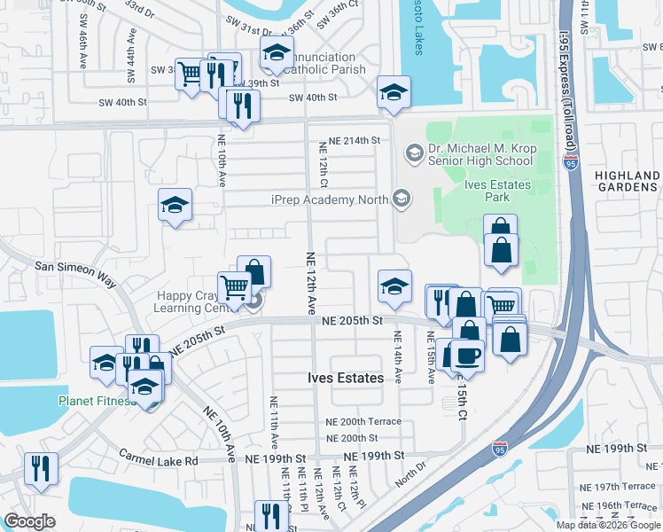 map of restaurants, bars, coffee shops, grocery stores, and more near 1221 Northeast 207th Street in Miami