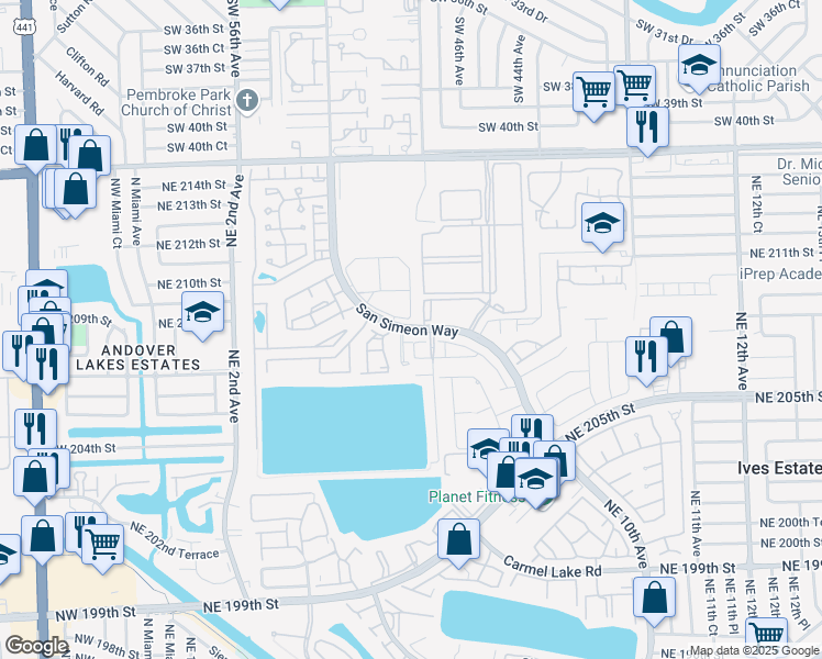 map of restaurants, bars, coffee shops, grocery stores, and more near 20890 San Simeon Way in Miami