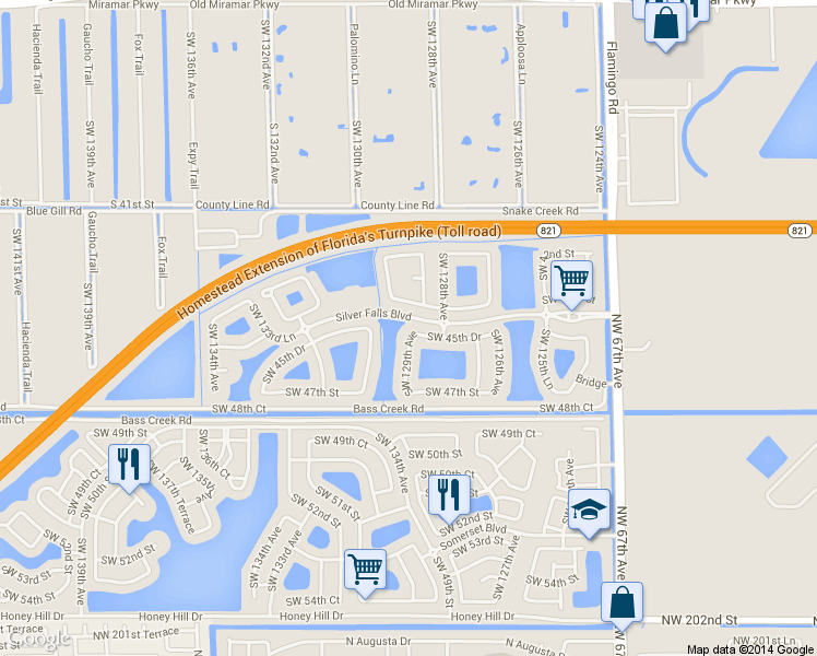 map of restaurants, bars, coffee shops, grocery stores, and more near 4537 Southwest 129th Avenue in Miramar