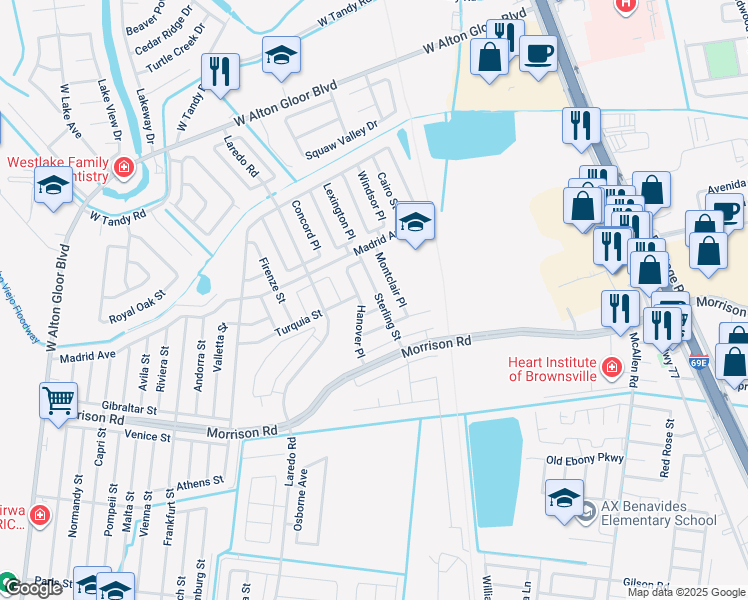 map of restaurants, bars, coffee shops, grocery stores, and more near Camden Place in Brownsville