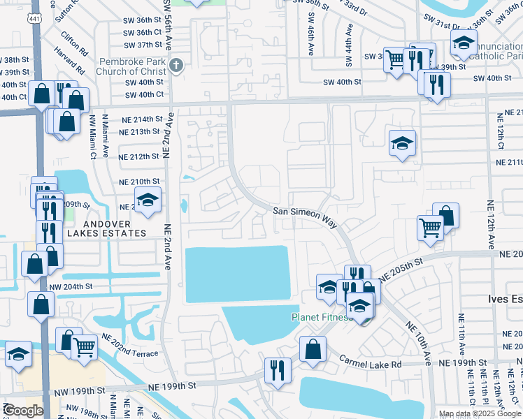 map of restaurants, bars, coffee shops, grocery stores, and more near 20851 San Simeon Way in Miami