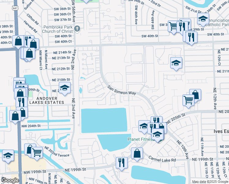 map of restaurants, bars, coffee shops, grocery stores, and more near 20851 San Simeon Way in Miami