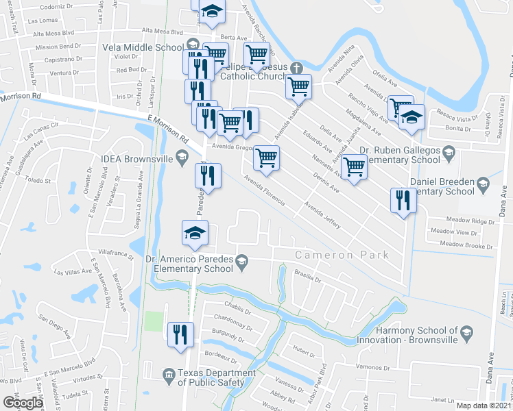 map of restaurants, bars, coffee shops, grocery stores, and more near 3632 Calle Nortena in Brownsville