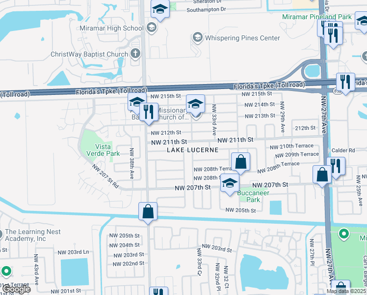map of restaurants, bars, coffee shops, grocery stores, and more near 3421 Northwest 211th Street in Miami Gardens