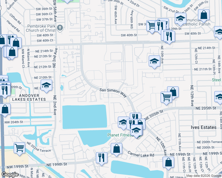 map of restaurants, bars, coffee shops, grocery stores, and more near 20921 San Simeon Way in Miami