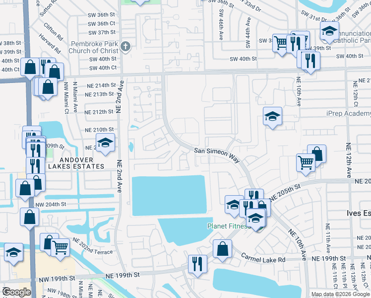 map of restaurants, bars, coffee shops, grocery stores, and more near 20851 San Simeon Way in Miami