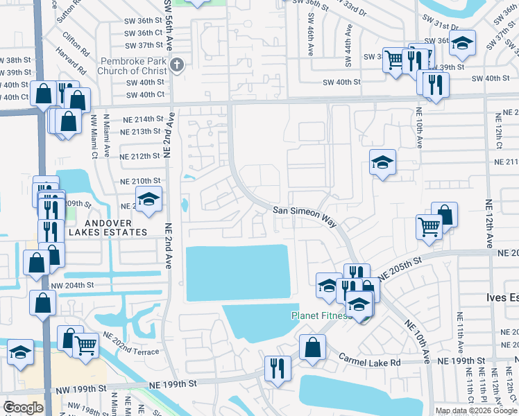 map of restaurants, bars, coffee shops, grocery stores, and more near 20851 San Simeon Way in Miami