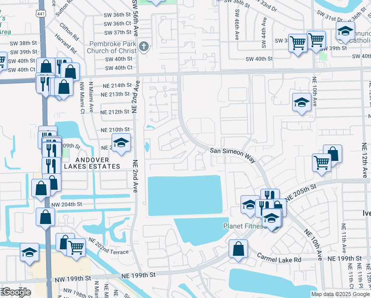 map of restaurants, bars, coffee shops, grocery stores, and more near 16 Northeast 210th Circle Terrace in Miami