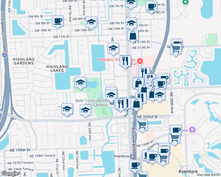map of restaurants, bars, coffee shops, grocery stores, and more near 2525 Northeast 207th Terrace in Aventura