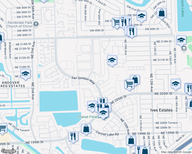map of restaurants, bars, coffee shops, grocery stores, and more near 20963 San Simeon Way in Miami