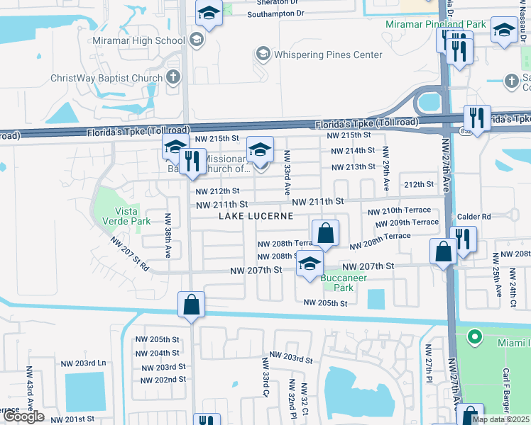 map of restaurants, bars, coffee shops, grocery stores, and more near 3351 Northwest 211th Street in Miami Gardens