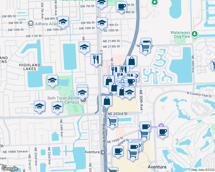 map of restaurants, bars, coffee shops, grocery stores, and more near 2750 Northeast 208th Terrace in Miami